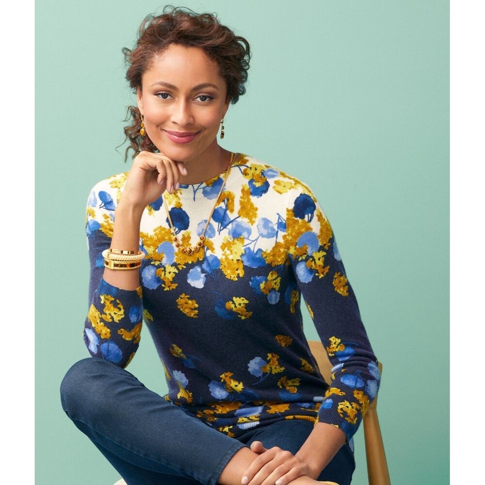 Talbots Audrey Floral Cashmere Blue Sweater Women's Size XL Petite